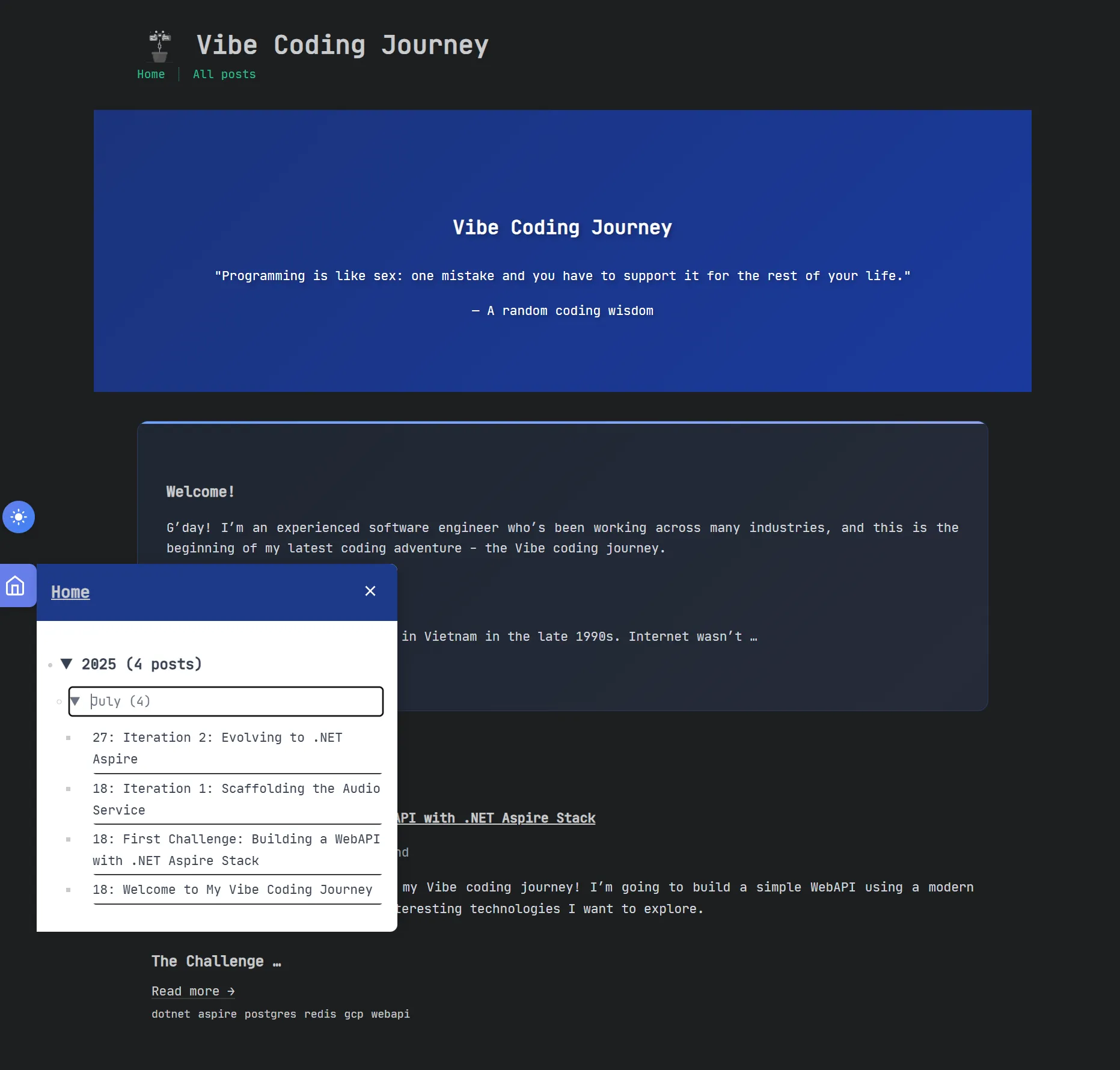 Screenshot of my old Hugo blog showing the Vibe Coding Journey homepage with dark theme