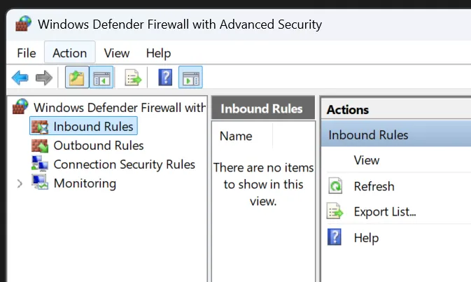Screenshot of Windows Defender Firewall with Advanced Security